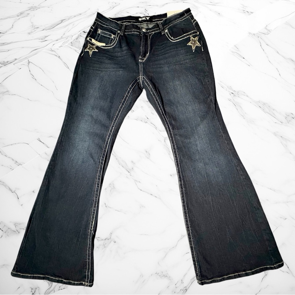 SKY Dark Wash Flared Jeans with Contrast Stitching & Rhinestone Stars size 15/16